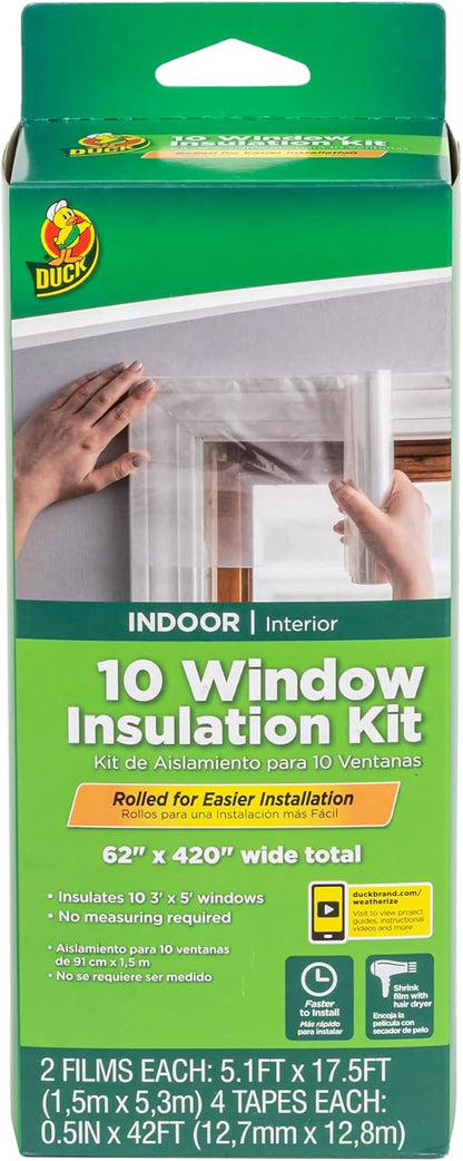 Duck Brand Winter Window Insulation Kit – Window Seal Rolled Shrink Film Covers Up to 15 3’ x 5’ Windows – Window Tape Included – Easy Indoor Installation - Clear - 15-Pack (288069)