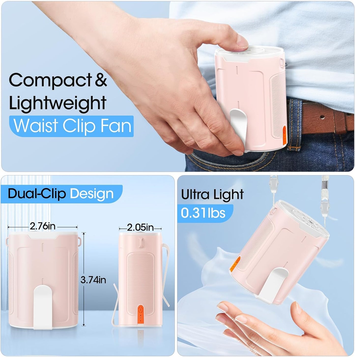 Heelkl 2026 AI Portable Fan Rechargeable, 4-Speed Strong Airflow, Personal Waist Fan with up to 25H of Working Time, Hands-Free Hanging Neck Fan, Wearable Belt Fan for Camping, Outdoor, Jobsite
