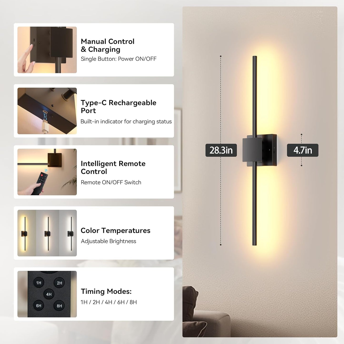 Torchlet Battery Operated Wall Sconces Set of 2 with Remote Control,DIY Independent Rotation Picture Lights,3000K-6000K Dimmable LED Rechargeable Wall Lights for Living Room Bedroom, 28.3'' Gold