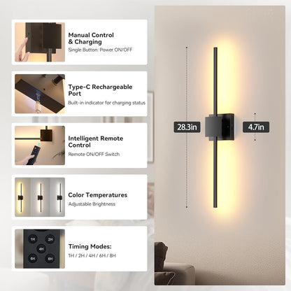 Torchlet Battery Operated Wall Sconces Set of 2 with Remote Control,DIY Independent Rotation Picture Lights,3000K-6000K Dimmable LED Rechargeable Wall Lights for Living Room Bedroom, 28.3'' Gold