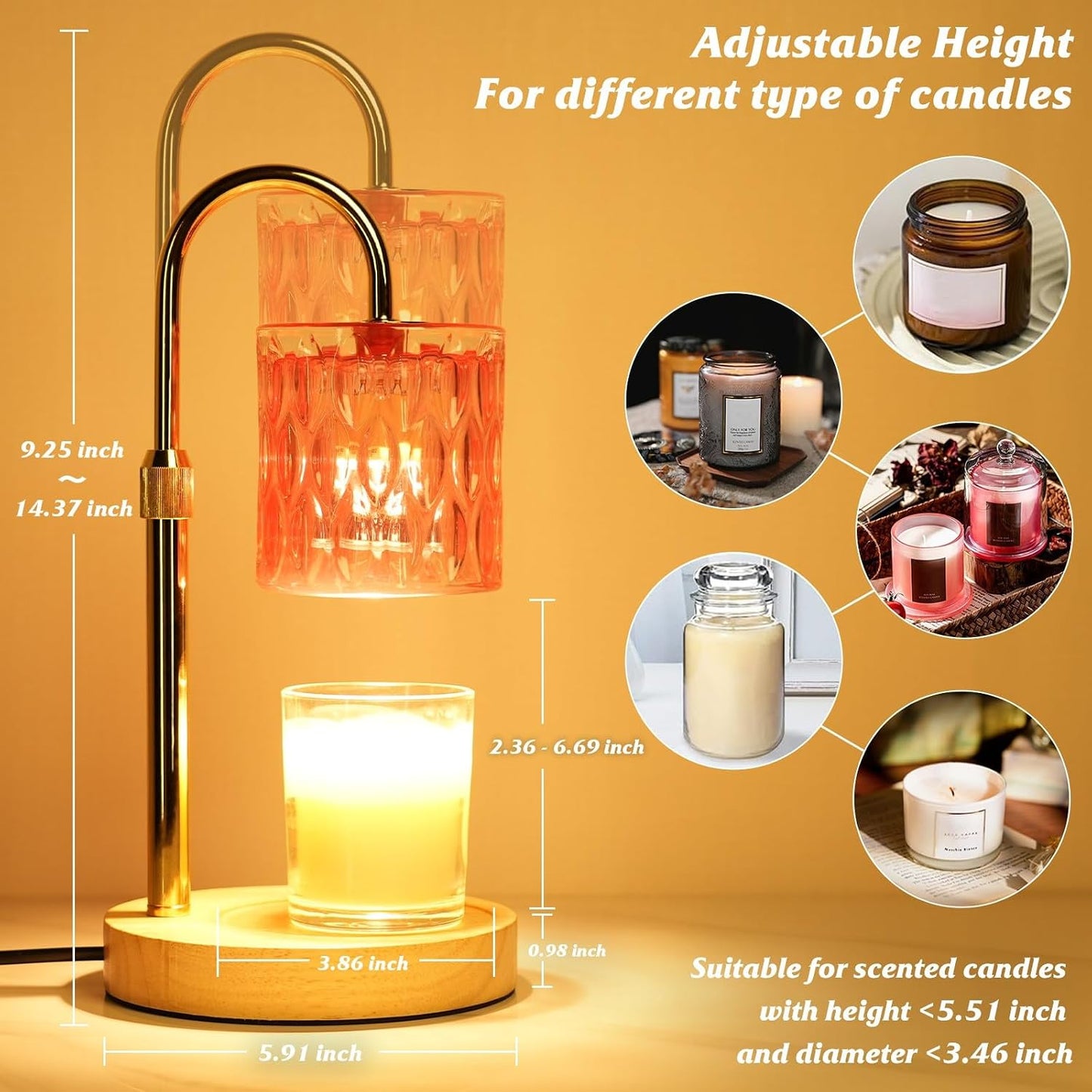 Candle Warmer Lamp with Timer and Dimmable, Electric Wax Melt Candle Warmers Height Adjustable with 2 Bulbs, Birthday Gifts for Women House Warming, Home Decor for Scented Jar Candles(Clear)