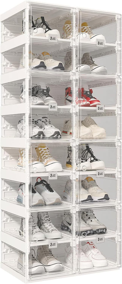 ANTBOX Collapsible Shoe Boxes Clear Plastic Stackable, Quick Setup Drop Front Shoe Organizer, Display Storage Cabinet for Sneakers10 Tiers 20 Pairs