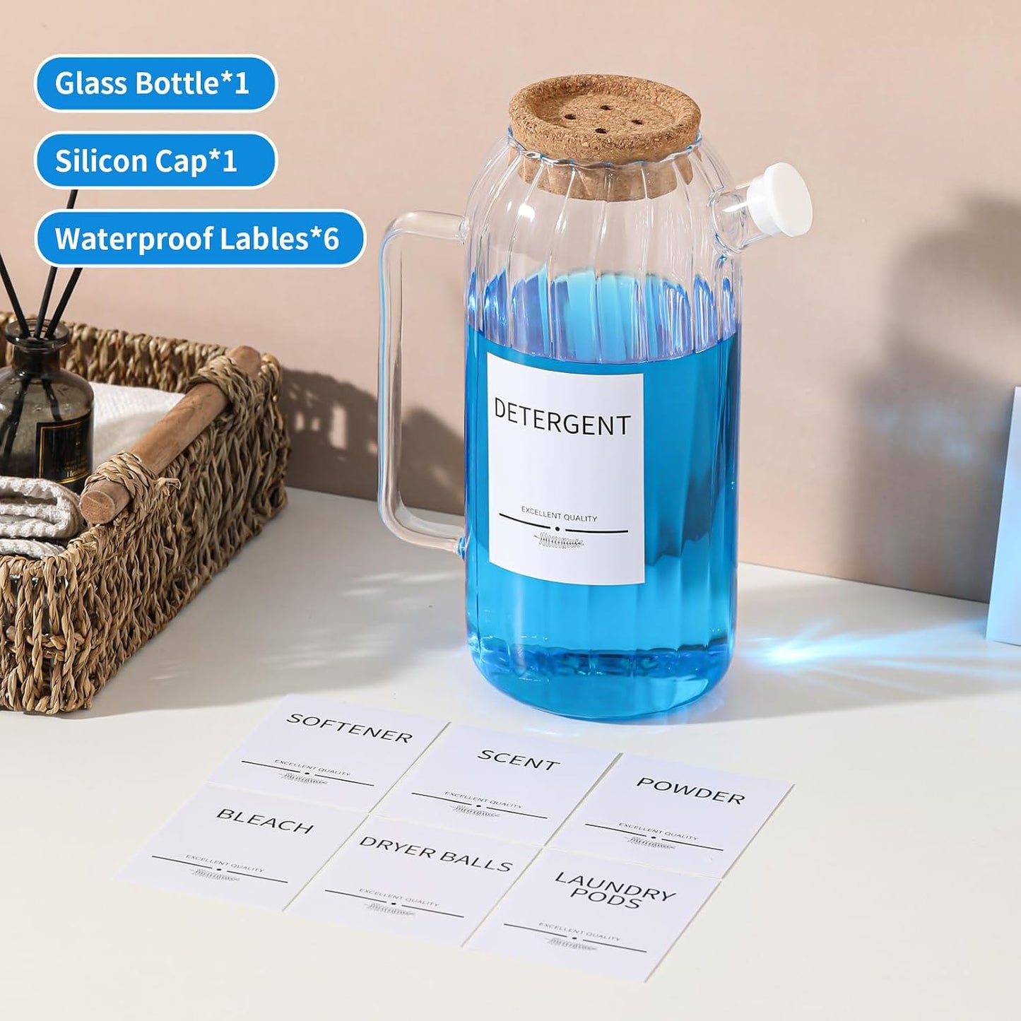 60oz Liquid Laundry Detergent Dispenser with Lables,Glass Laundry Detergent Dispenser,Laundry Detergent Container Laundry Liquid Dispenser