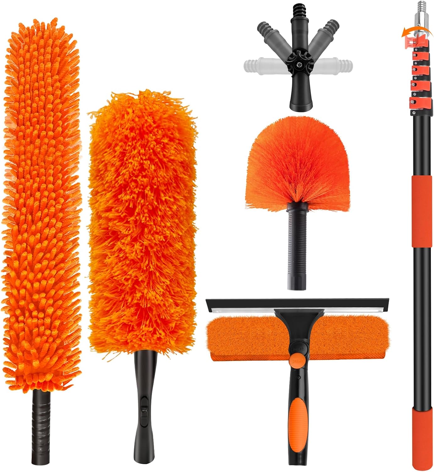 26FT High Reach Duster with Extension Pole 5-20FT, 4-in-1 Cleaning Kit with Universal Swivel Joint | High Ceiling Fan Cleaner, Cobweb Duster & Window Squeegee for Safe High-Reach Cleaning
