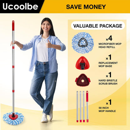 Spin Mop Replacement Head for O Cedar 2 Tank RinseClean, 4 Microfiber mop Refill, 1 Scrub Brush, 1 Mop Stick, 1 Mops Base, Deep Cleaning, 30" to 58" Mop Handle Replacement