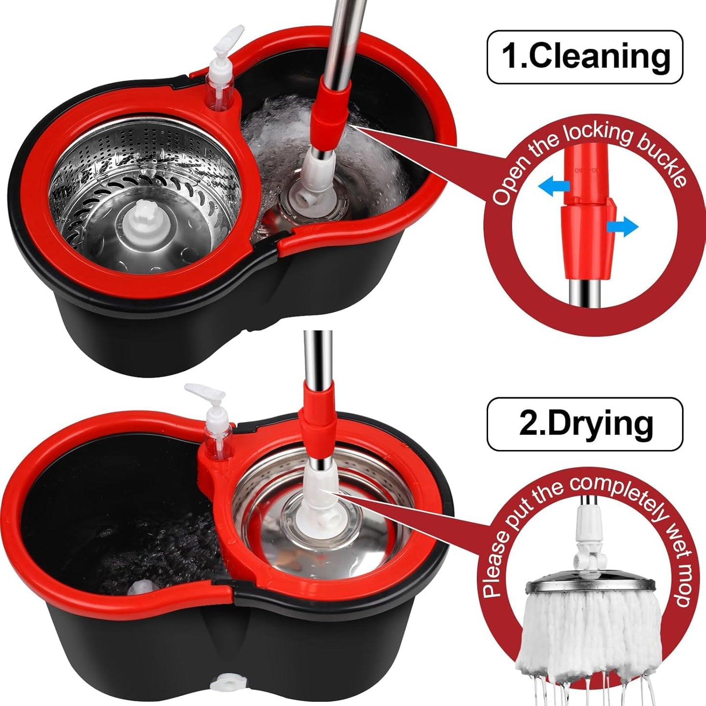 Spin Mop and Bucket with Wringer Set on Wheels, 360 Spinning Mop with Stainless Steel Handle for All Hard Surfaces, Floor Cleaning System with 3 Microfiber Replacement Heads, Black/Red