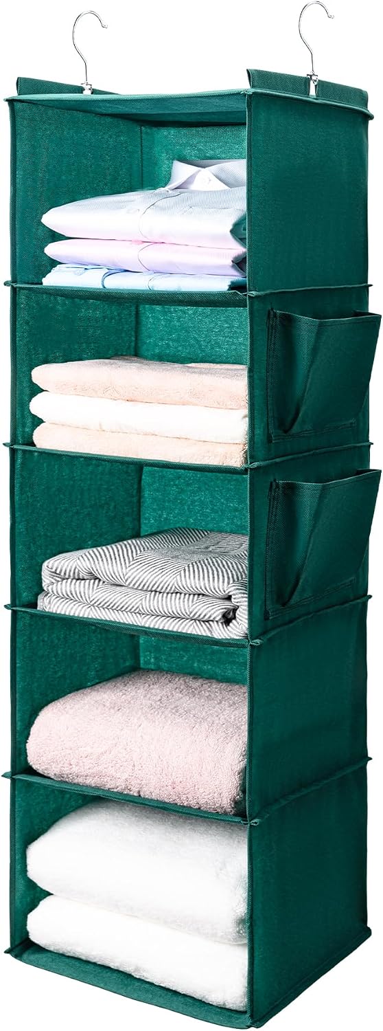 BOOMIBOO Hanging Closet Organize and Shelves，5-Hanging Shelf with 2 Side Pockets，Storage Foldable （Grey）