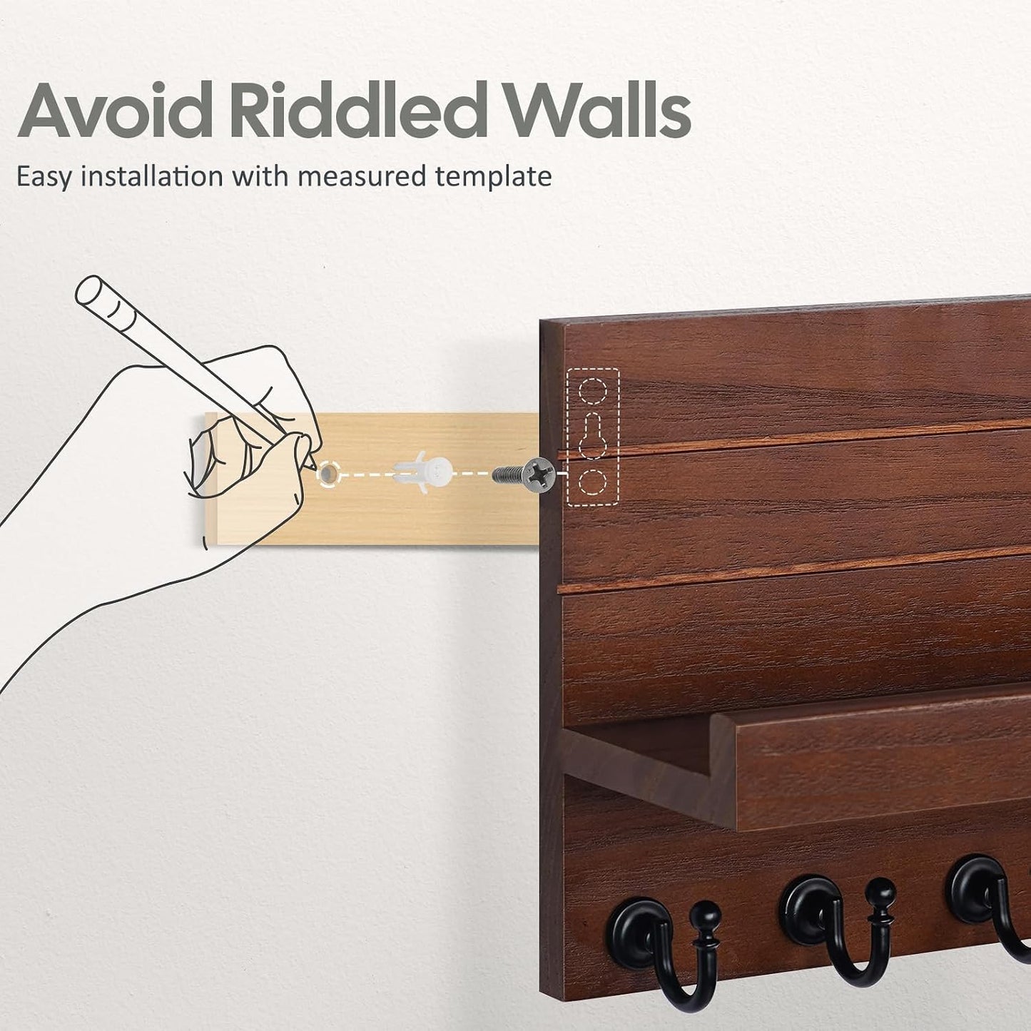 HONJIN Key Holder for Wall: Easy Installation Mail Organizer Wall Mount Hanging Key Rack for Kitchen and Entryway Decor with 5 Sturdy Key Hooks (White)