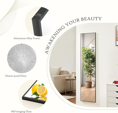 59"x16" Arched Full Length Mirror, Full Body Mirror with Leaning or Standing, Floor Standing Aluminum Frame for Bedroom, Livingroom, Cloakroom, Black