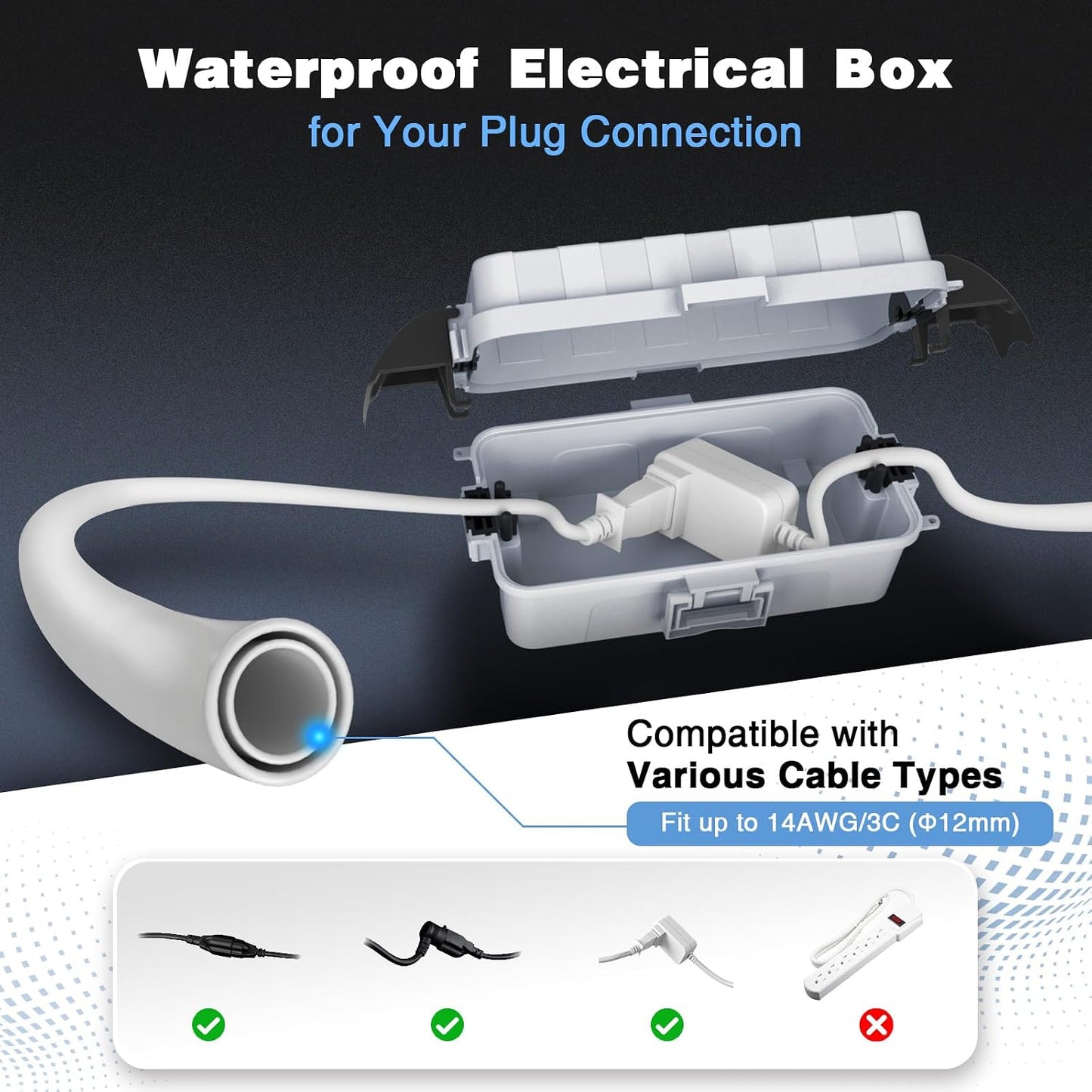 FLEMOON IP55 Outdoor Electrical Box Waterproof with Detachable Awning Covers, 7.1 * 3.9 * 2.4 inch Weatherproof Extension Cord Cover, Easy Installation for Outdoor Plug, Outlet, String Lights, Black