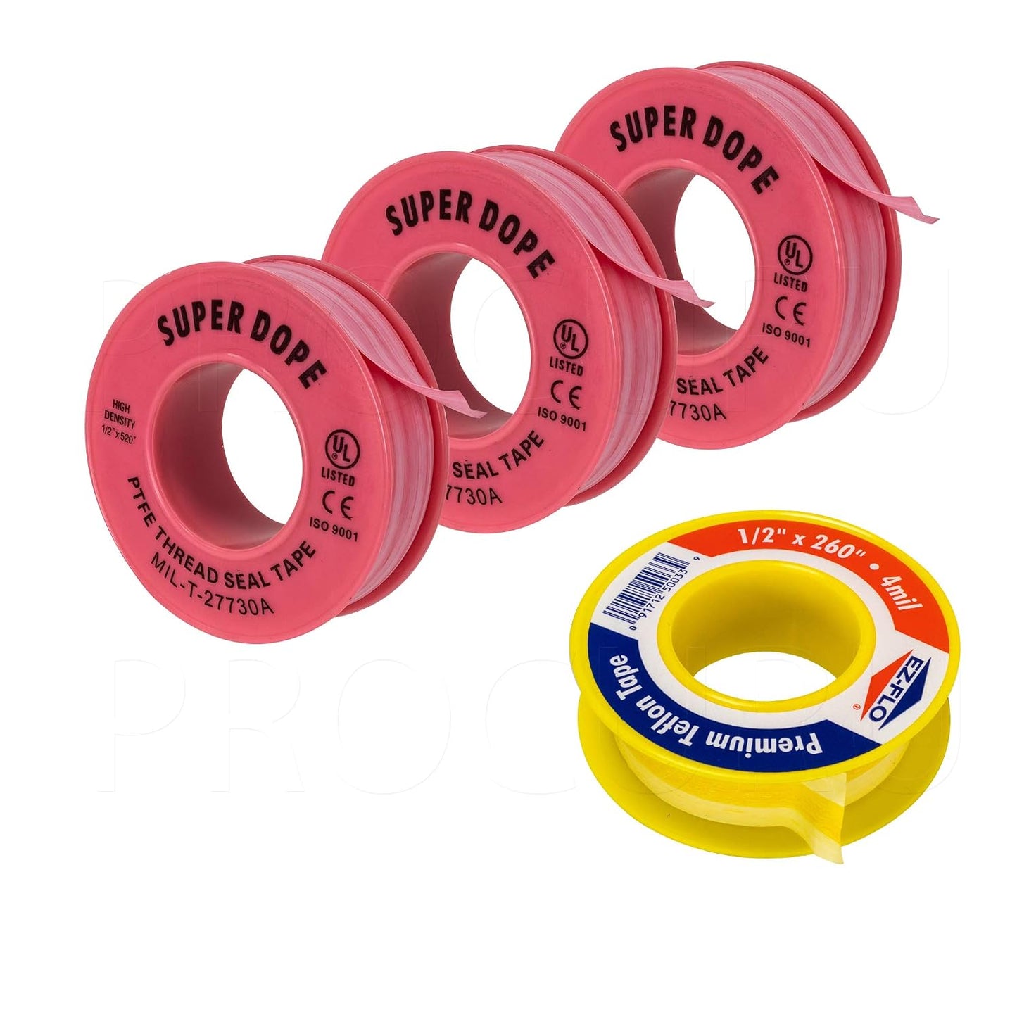 PROCURU 10-Pack- Professional Grade Pipe Thread Sealant 4-Mil Teflon Tape, Pink and Yellow, for Water and Gas