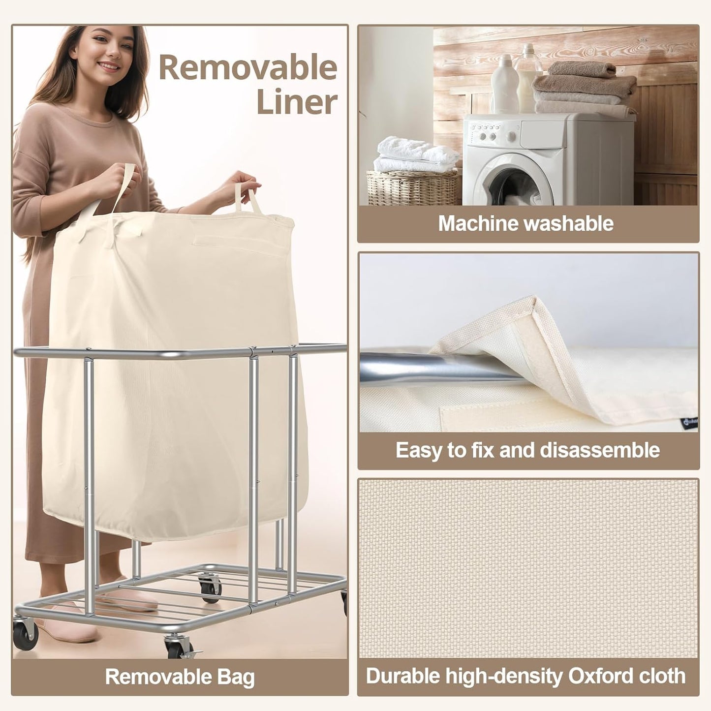 Hodonas 230L Rolling Laundry Hamper, 2-Section Laundry Basket with Wheels, 61 Gallons Laundry Sorter with Metal Structure and Removable Liner, Clothes Hamper for Laundry Room, Bathroom, Bedroom, Beige