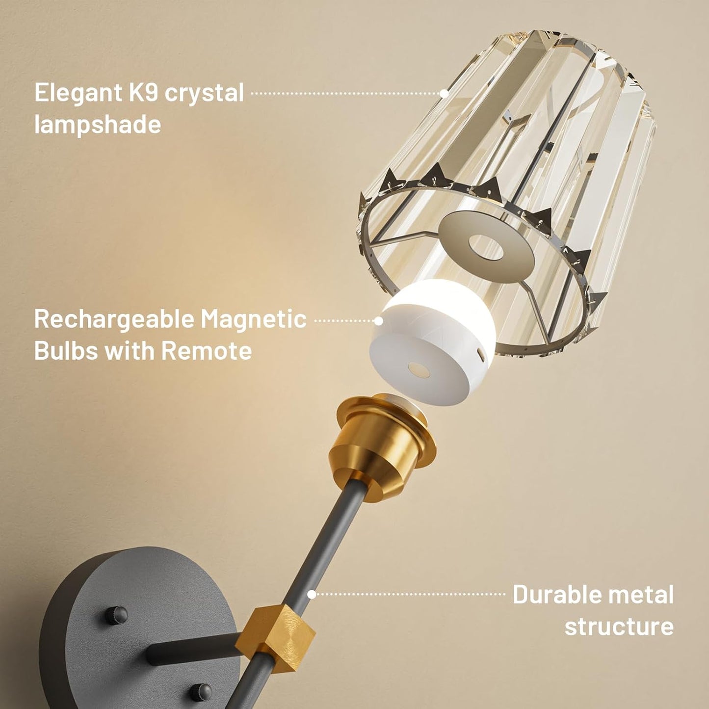 Crystal Battery Operated Wall Sconces Set of 2, Gold Rechargeable Wireless Wall Sconce Lights with Crystal Lampshade, 12 RGB and 3CCT Dimmable Wall Lamps with Remote for Bedroom Living Room Hallway