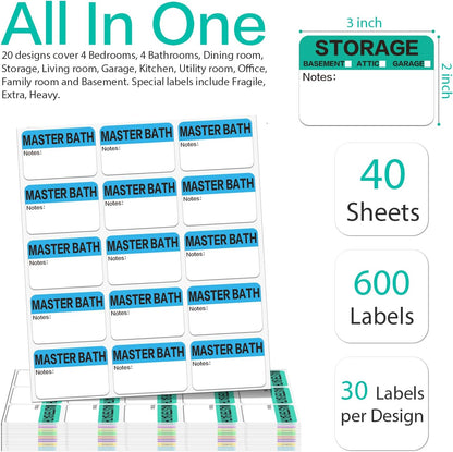 600 Count 3 x 2 Large Home Moving Packing Box Labels for 3-4 Bedroom House with Writable Notes Areas, 17 Color Coded Moving Labels for Boxes + Fragile Moving Stickers + Heavy and Blank Labels
