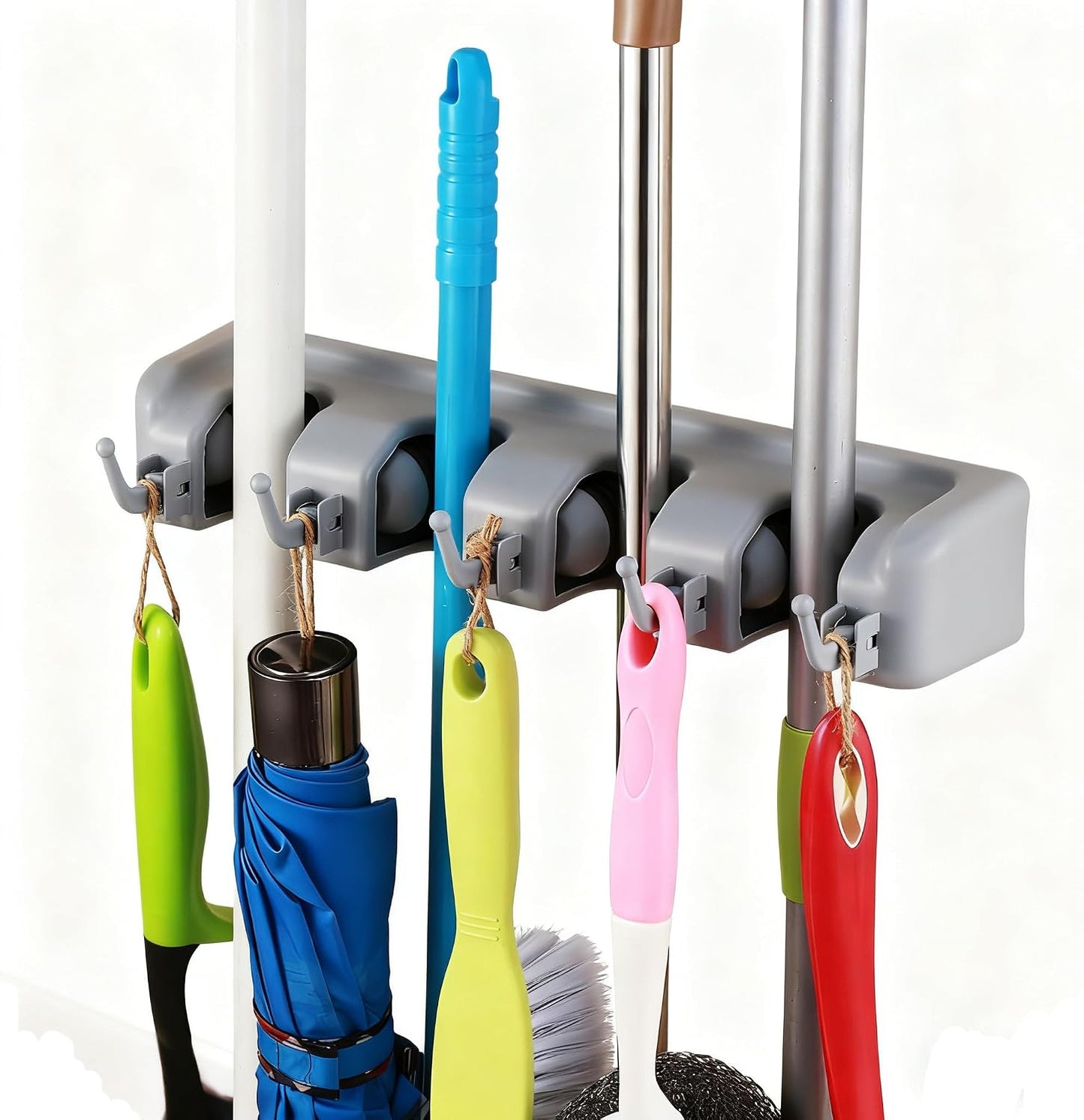 TOGU Mop and Broom Holder Wall Mounted 3 Position Storage Rack with 4 Retractable Hooks Holds up to 7 Tools Utility Weatherproof Holder for Garage Storage Systems Broom Organizer,Gray
