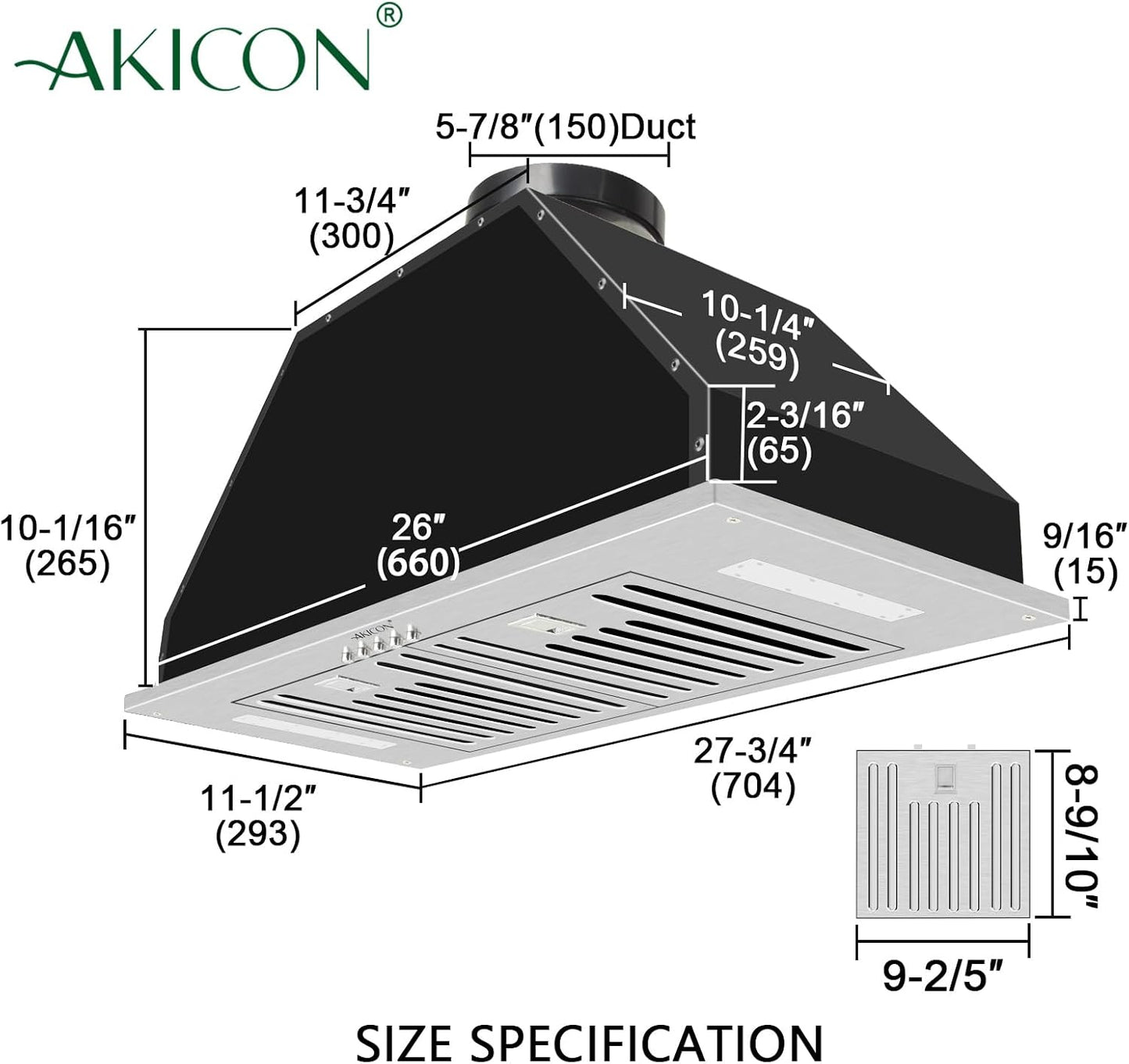 Range Hood Insert/Built-in 36 inch,Ultra Quiet Powerful Vent Hood with LED Lights, 3 Speeds 600 CFM, Stainless Steel - Akicon