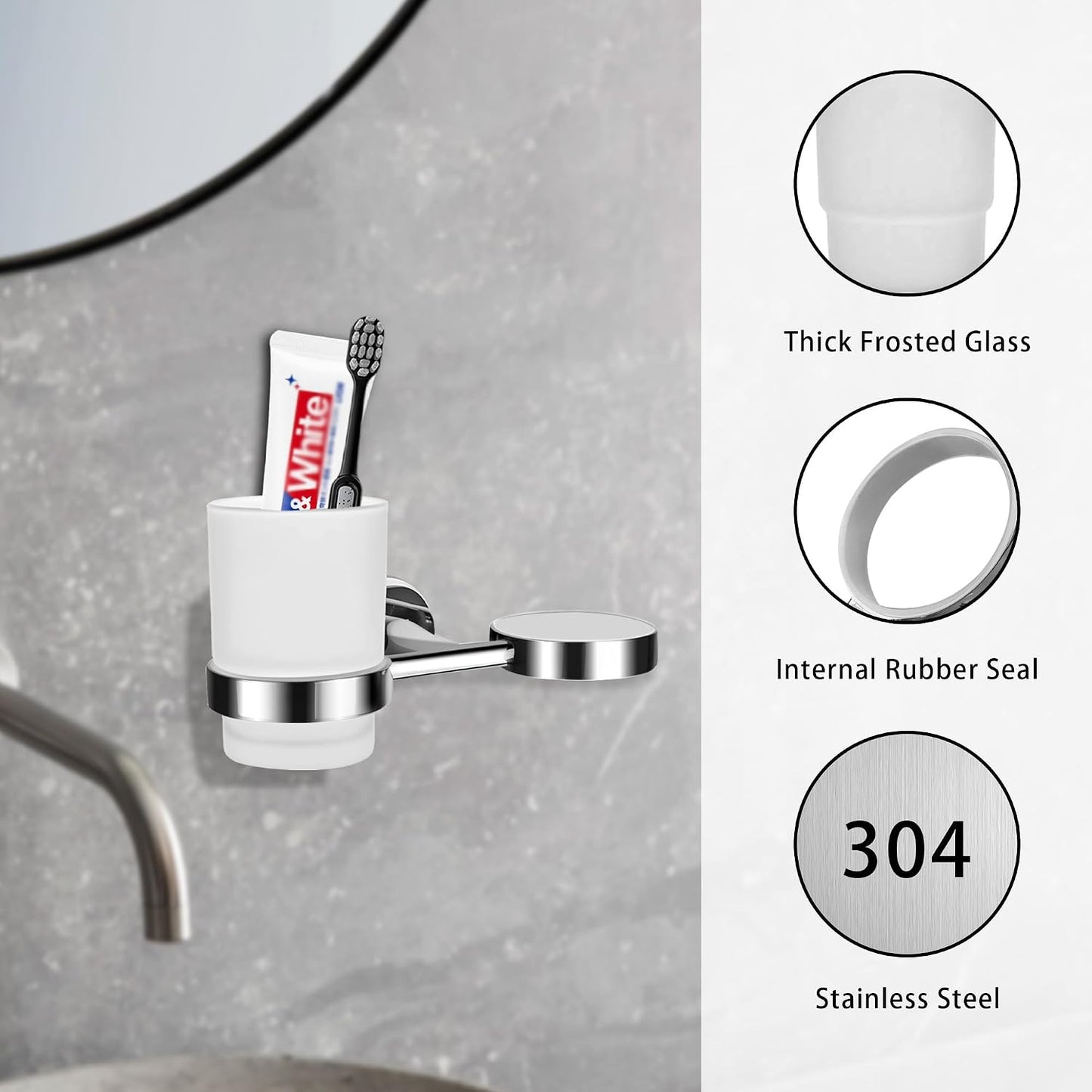 Bathroom Toothbrush Holders Set - Wall Mounted Tooth Brush Holder with Glass Toothpaste Cup, Stainless Steel Toothbrush Caddy Storage for Kids & Adult (Single)