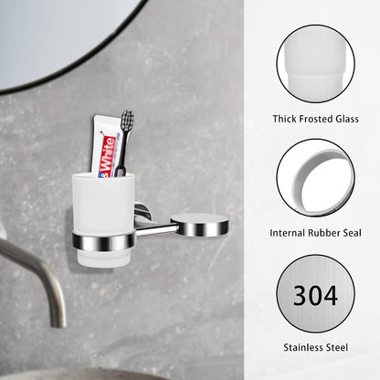 Bathroom Toothbrush Holders Set - Wall Mounted Tooth Brush Holder with Glass Toothpaste Cup, Stainless Steel Toothbrush Caddy Storage for Kids & Adult (Single)