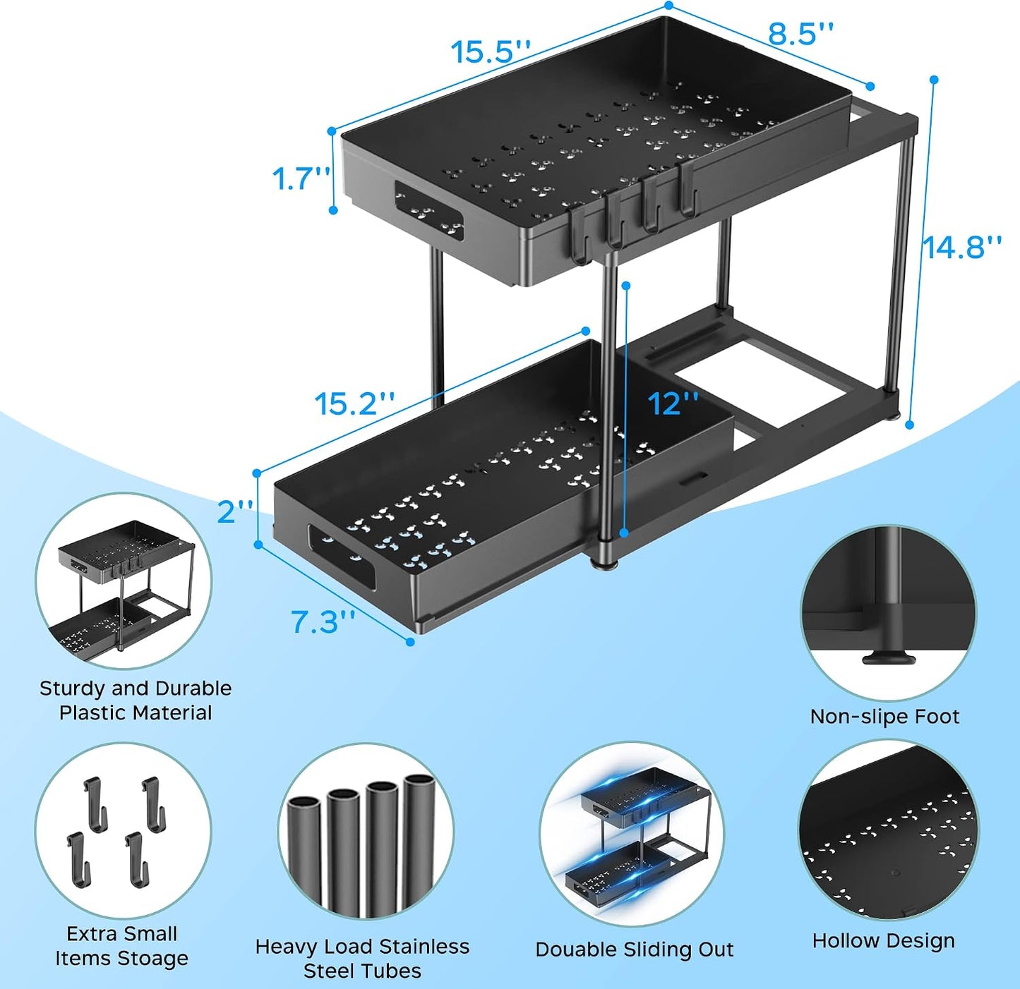 2 Pack Under Sink Organizer with Pull-Out Drawer, Black | 2-Tier Cabinet Storage, Kitchen & Bathroom, Tool-Free Assembly, Fits Cleaning Supplies & Toiletries, Space Saving