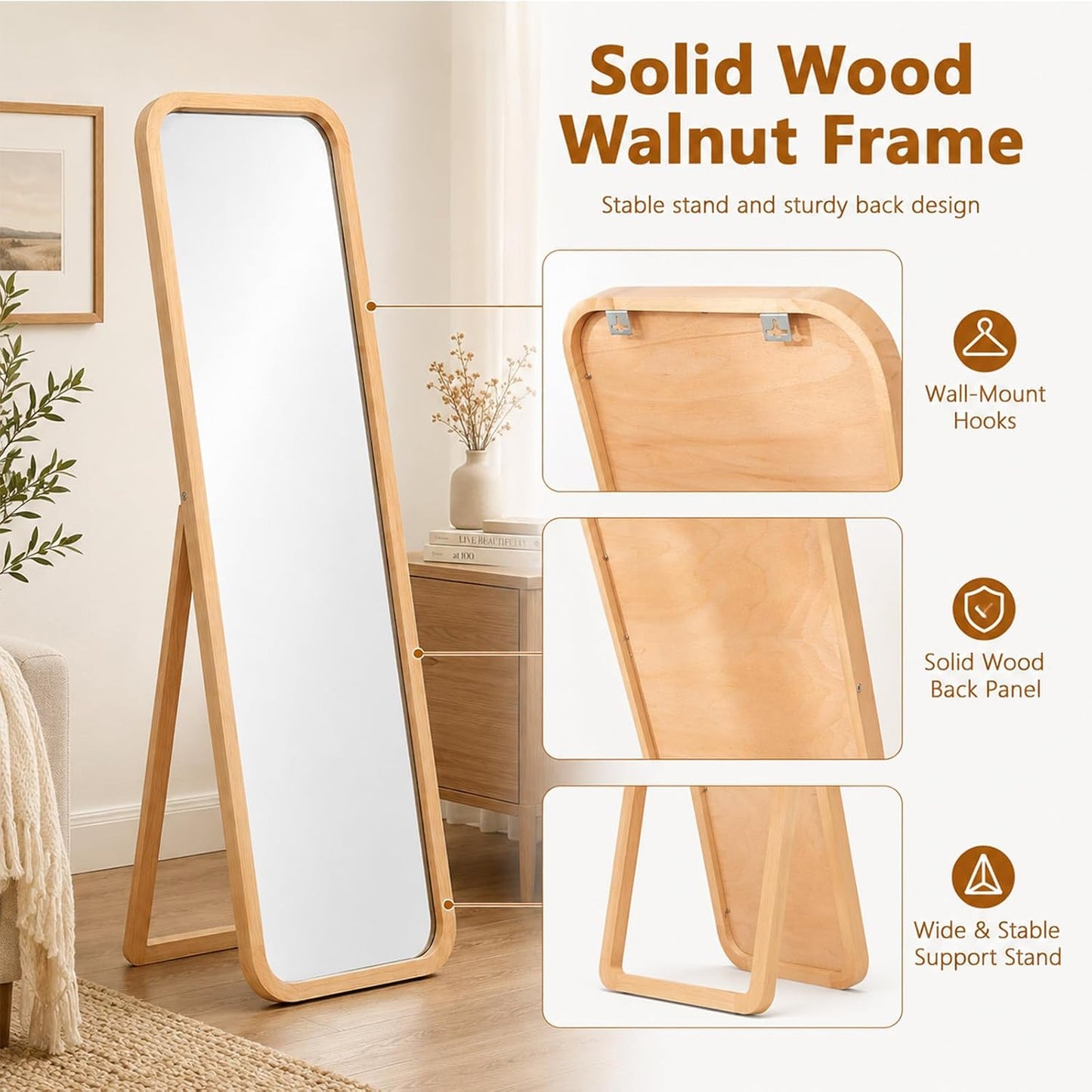 Anwick Full Length Floor Mirror Wood Frame Standing Mirror Walnut 63 in | Solid Wood Frame, Clear Float Glass, Adjustable Stand or Wall Mount, Rounded Walnut Finish for Bedroom or Dressing Room
