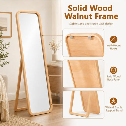 Anwick Full Length Floor Mirror Wood Frame Standing Mirror Walnut 63 in | Solid Wood Frame, Clear Float Glass, Adjustable Stand or Wall Mount, Rounded Walnut Finish for Bedroom or Dressing Room
