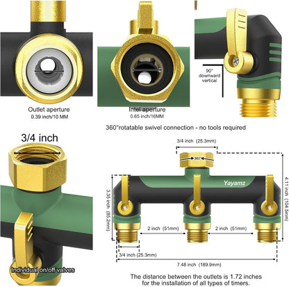 3 Way Garden Hose Splitter, High Flow Outdoor Faucet Splitter with 3 Independent Shut Off Valves, Wide Spacing for Timers, Standard 3/4" GHT for Lawn Yard Garden Watering