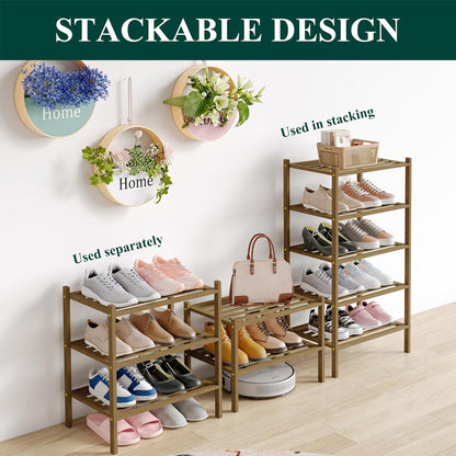 Smiry Bamboo Shoe Rack, 3 Tier Free Standing Wooden Shoe Organizer, Stackable Wood Shoe Storage Shelf for Closet, Entryway, 5 Horizontal Slats, 26.8"x11"x18.3", Natural