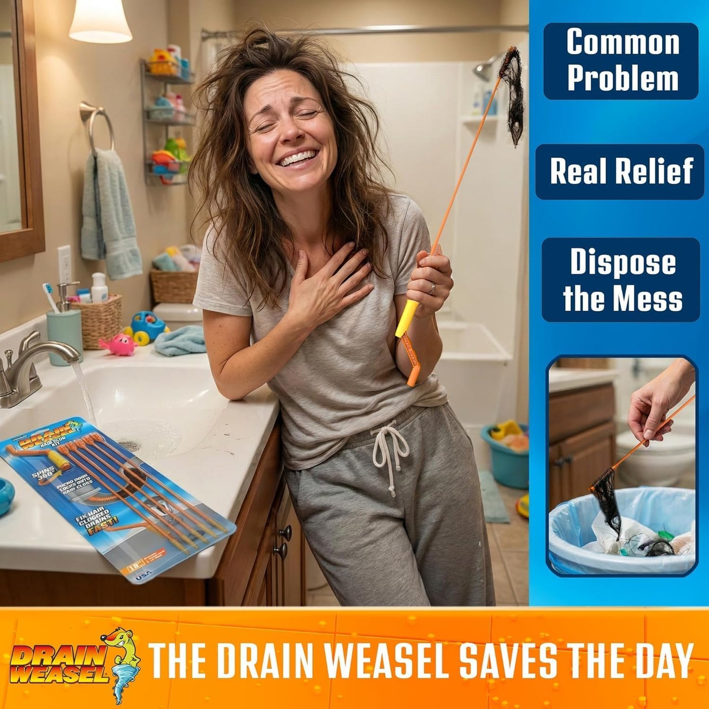 FlexiSnake Drain Weasel Sink Snake Hair Clog Remover Tool Kit, Sink, Pipe, Bathroom, Bathtub Drain Cleaner, 18-inch Long, Flexible, Made in The USA, 3 Pack Wand Refills and Removable Handle