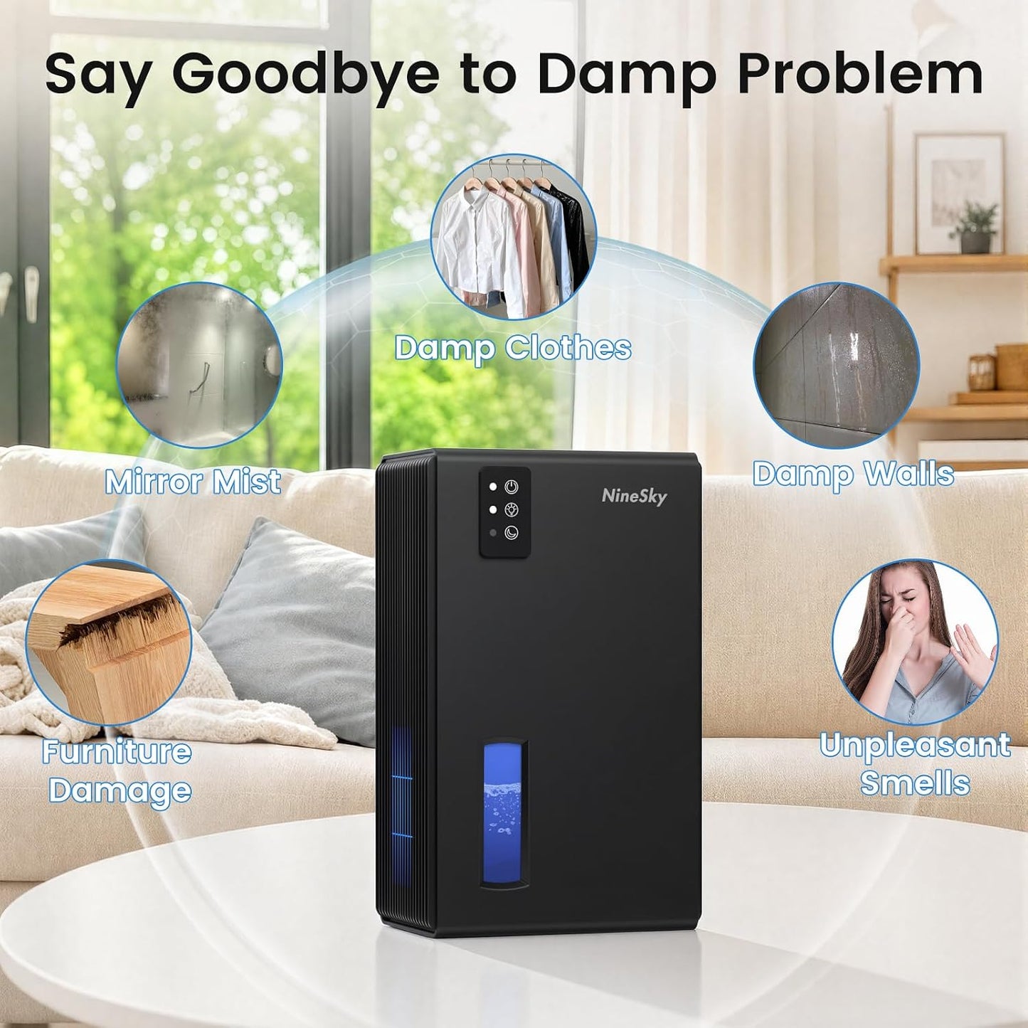 NineSky Dehumidifiers for Home, 1000 Sq.Ft Dehumidifier with 95oz Water Tank, Quiet Dehumidifier for Basement Bathroom Bedroom with 7-Color Ambient Light & Auto Shut Off, Sliver