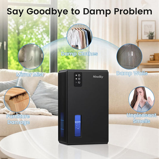 NineSky Dehumidifiers for Home, 1000 Sq.Ft Dehumidifier with 95oz Water Tank, Quiet Dehumidifier for Basement Bathroom Bedroom with 7-Color Ambient Light & Auto Shut Off, Sliver