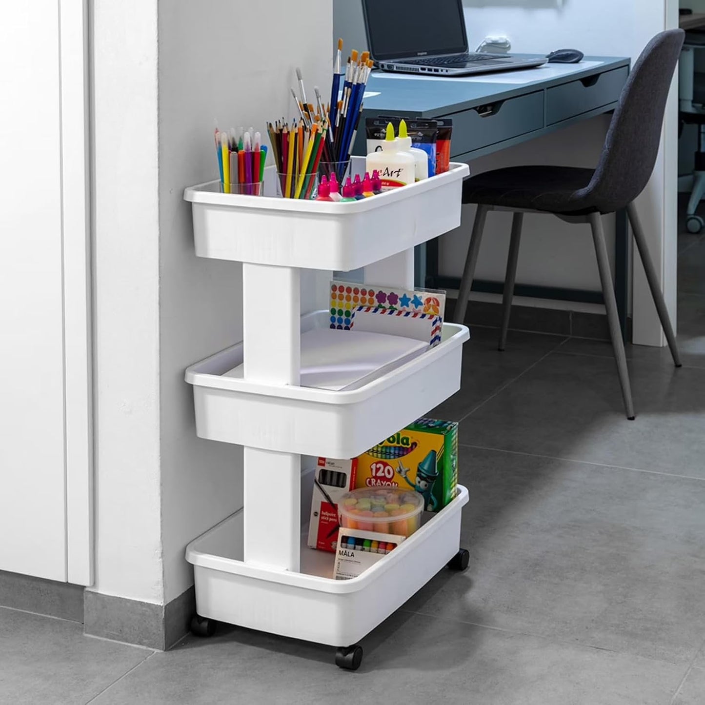 3-Tier Plastic Rolling Laundry Cart, Arctic White, Slim Slide Out Utility Storage Trolley with Lockable Wheels, Space Saving Organizer for Laundry Room, Bathroom, Narrow Gap, Bedroom