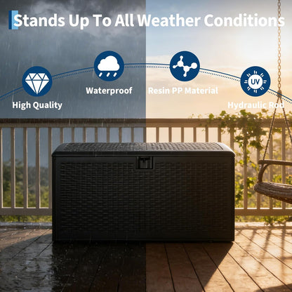 Garvee 73 Gallon Waterproof Large Resin Deck Box Indoor Outdoor, Lockable Storage Container for Patio Furniture Tools, Waterproof Deck Box Patio Storage Bin for Pool Garden, Black