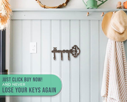 Comfify Brown Cast Iron Skeleton Key Wall Hook – 3 Hooks, 10.8" L | Brown; cast iron; 10.8"L x 2"W x 4.7"H; 3 hooks; KEYS embossed; matching brown screws; farmhouse entryway decor