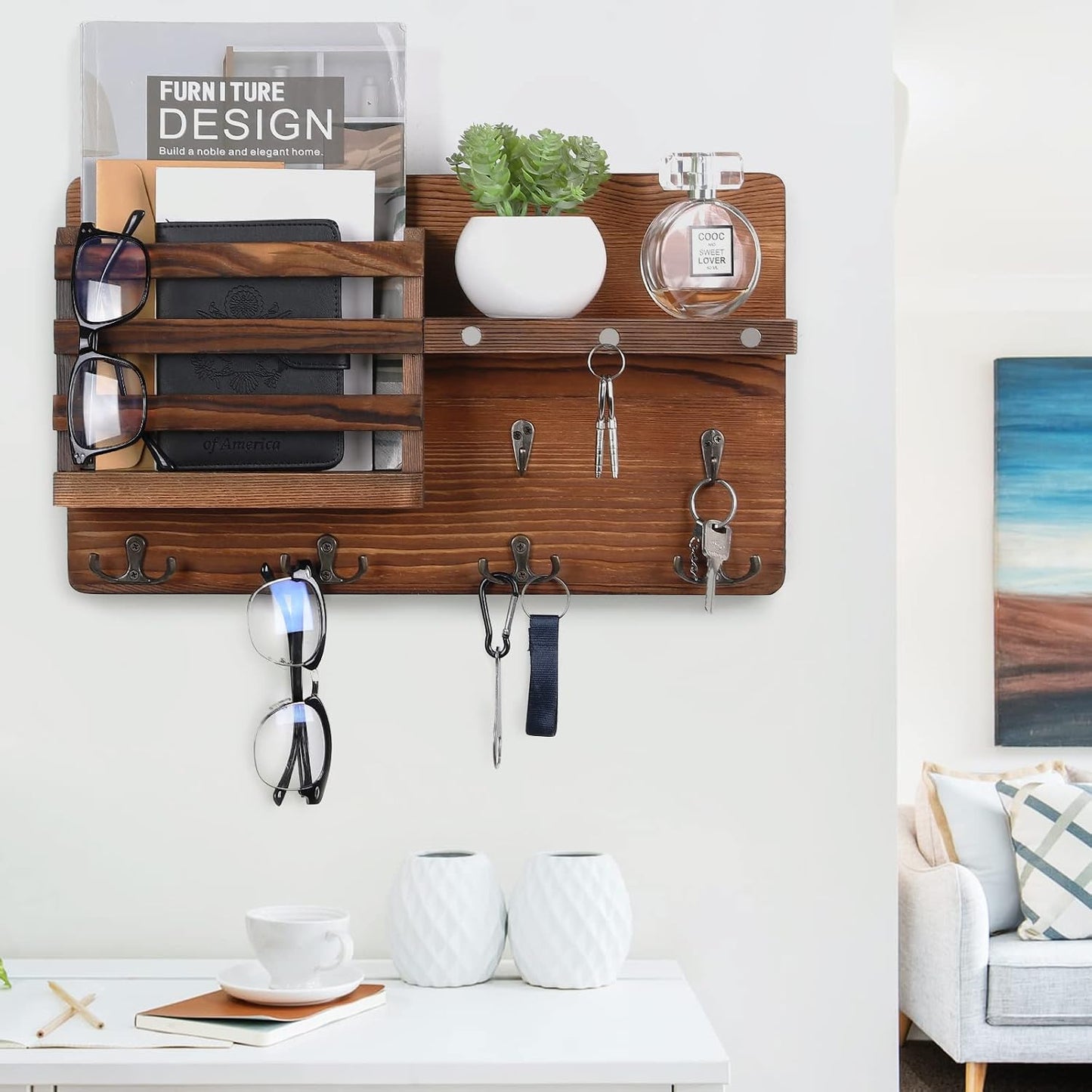 Decorative Key Hanging Rack with 10 Hooks – Easy Install Natural Wooden Key and Mail Holder for Wall Mount – Entryway Decor Rack with Shelf (Black)