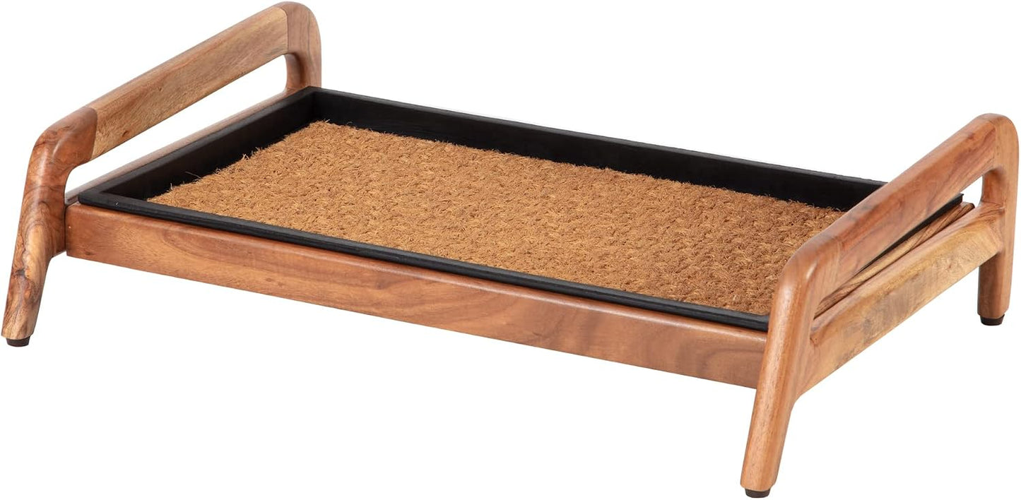 Anji Mountain Heavy Duty Waterproof Wooden Shoe Storage Mat Organizer/Boot Storage Tray Multi Use for Entryway with Coir, Tan Rectangle Embossed Insert, 1 Tier, Fits 2 Pair (26.5" Wide)