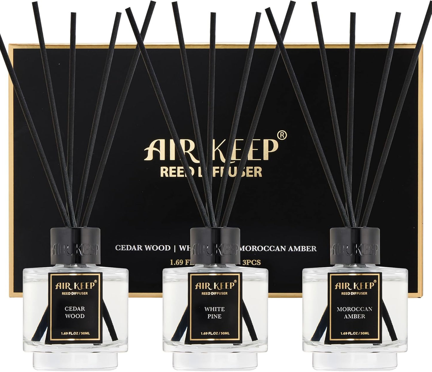 Airkeep Reed Diffuser Set of 3 for Bathroom Air Fresheners, Oil Diffuser Sticks | Cedar Wood,White Pine Moroccan Amber Scent Diffuser(1.7 fl oz*3) Fragrance with 18 Sticks Defusers | Shelf Decor