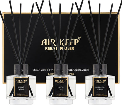 Airkeep Reed Diffuser Set of 3 for Bathroom Air Fresheners, Oil Diffuser Sticks | Cedar Wood,White Pine Moroccan Amber Scent Diffuser(1.7 fl oz*3) Fragrance with 18 Sticks Defusers | Shelf Decor