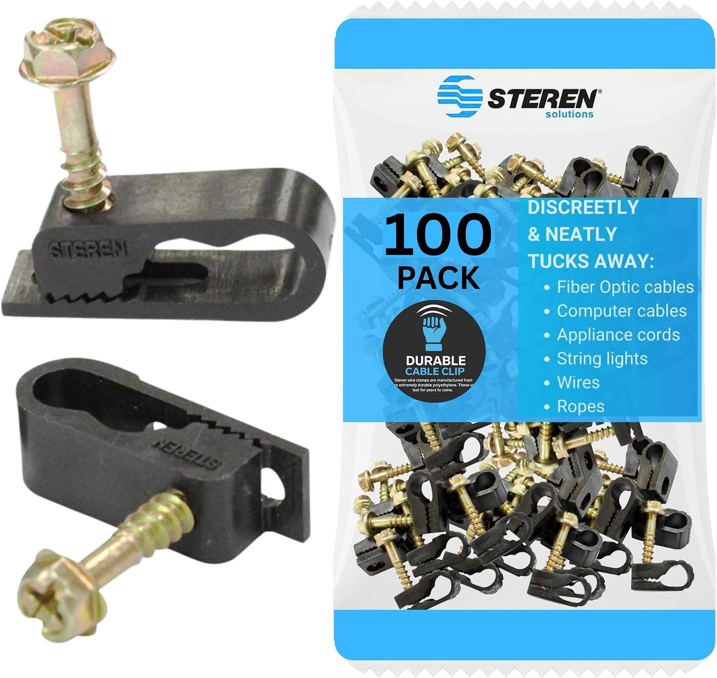 STEREN Coaxial Cable Clips - Cable Holder - Wire Clips - Siding Clips For Hanging - Cord Holder For Desk - Cable Clamps - Cord Clip - Wire Organizer Clips - Tv Mount Screws - Black - 100 Pack