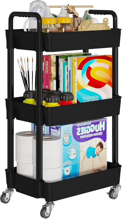 Laiensia 3-Tier Rolling Cart with Wheels,Multifunction Utility Storage Carts, Kitchen Storage Organizer,Mobile Shelving Unit for Bathroom,Laundry,with Classified Stickers,White