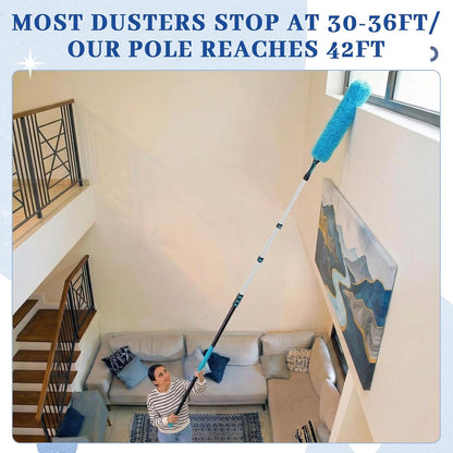 36ft Extra Long High Ceiling Duster with Extension Pole, Long Reach Cleaning Kit for Ceiling Fans, Windows & Cobwebs, Telescoping Pole with 6 Attachments for Home Church Warehouse Cleaning
