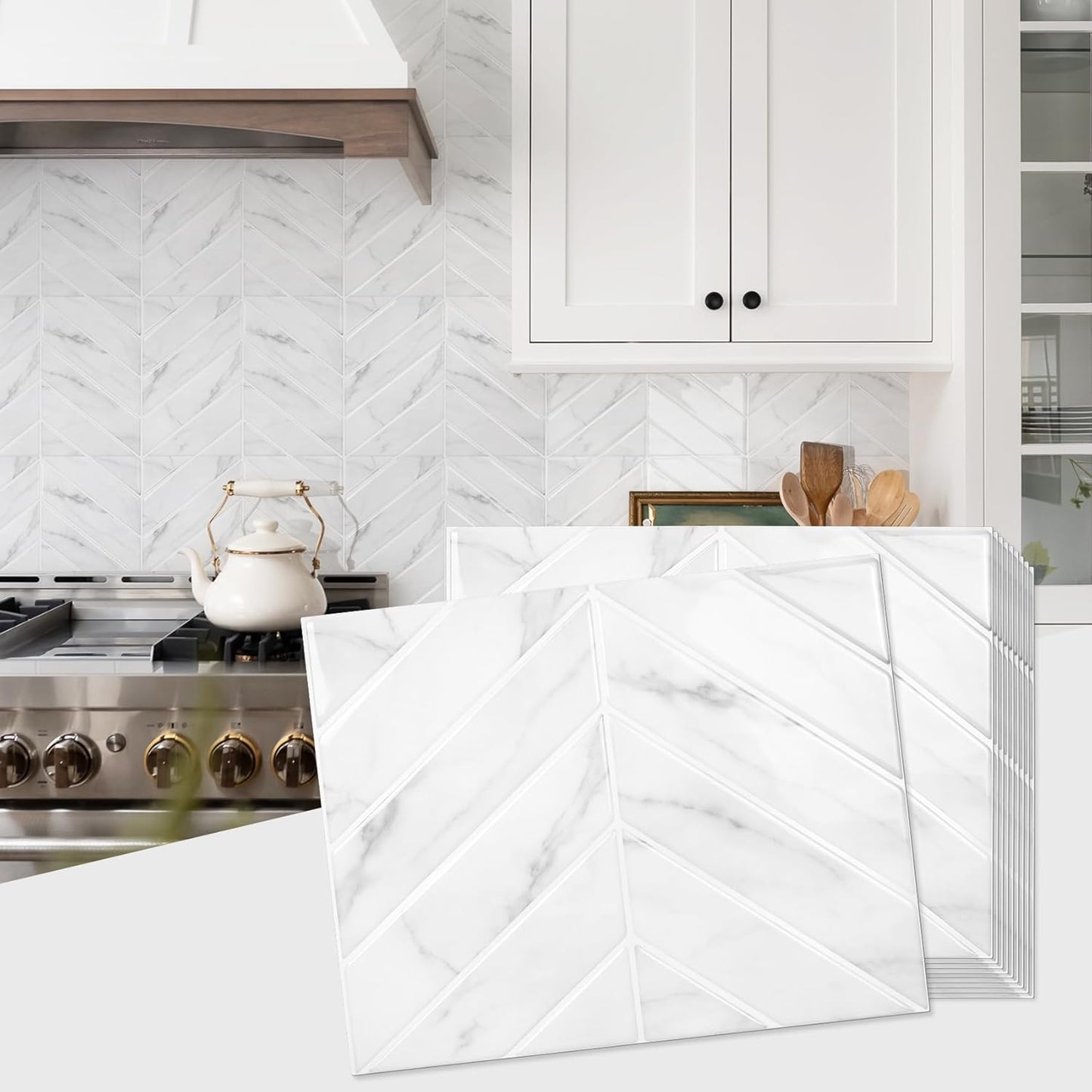 STICKGOO 10 Sheets Thicker Herringbone Peel and Stick Backsplash, 12.6”×9.7” Stick on Wall Tiles, Self Adhesive Tile Sticker for Kitchen Backsplash and Bathroom, White with Grey Grout