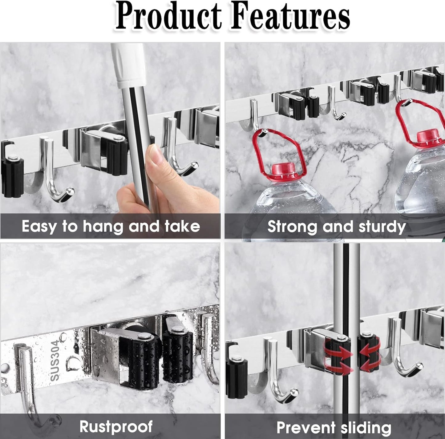 AceMining Broom Holder Wall Mount, 3 Racks 4 Hooks Heavy Duty Mop Organizer | Mop Holder Wall Mount and Broom Hanger for Garage, Laundry Room, Kitchen and Utility Storage