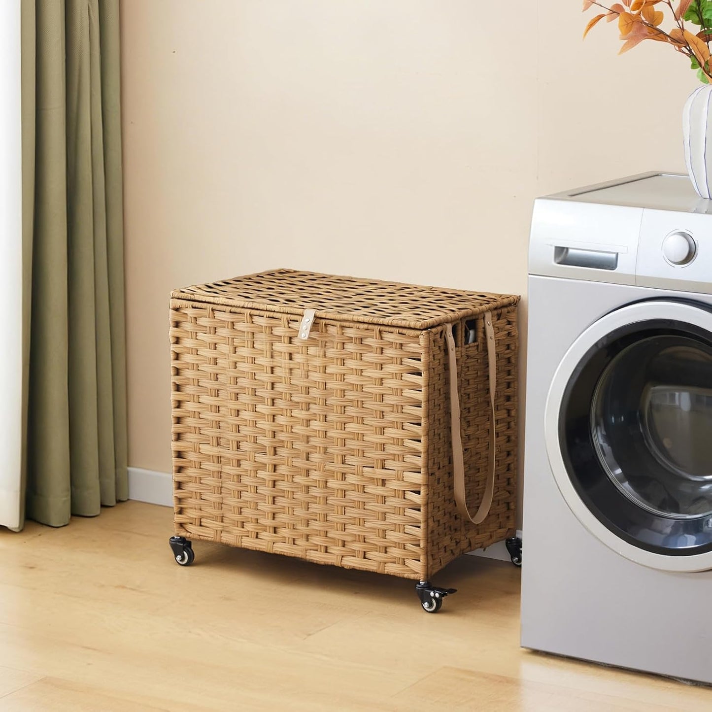 Laundry Hamper with Wheels, 34.3 Gallon(130L) Rolling Laundry Basket with Lid, 3-Section Rattan Clothes Hamper with 3 Removable Liner & 3 Mesh Bags, Laundry Sorter with Side Pocket, Brown