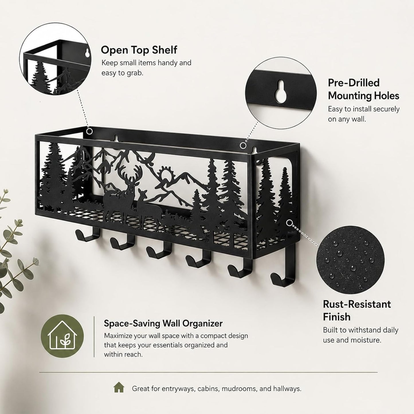 Deer Mountain Metal Key Holder Wall Mount Key Holder for Wall Rustic Cabin Decor Key Rack Hooks Hanger Woodland Wildlife Wall Art Entryway Organizer Housewarming Hunting Gifts