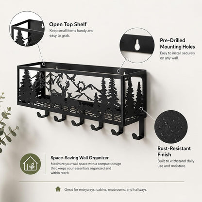 Deer Mountain Metal Key Holder Wall Mount Key Holder for Wall Rustic Cabin Decor Key Rack Hooks Hanger Woodland Wildlife Wall Art Entryway Organizer Housewarming Hunting Gifts