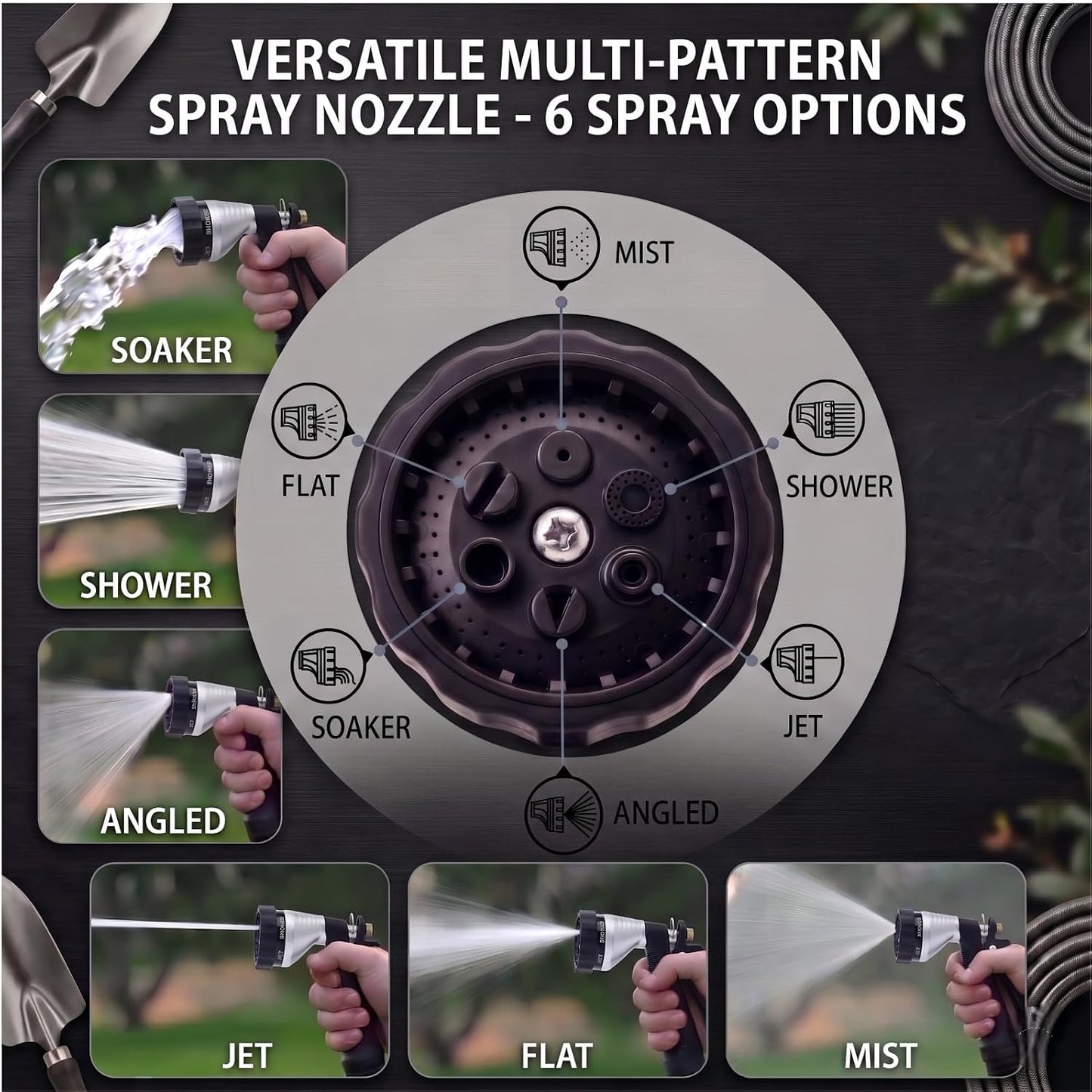 GREEN MOUNT Water Hose Nozzle Spray Nozzle, Metal Garden Hose Nozzle with Adjustable Spray Patterns, Perfect for Watering Plants, Washing Cars and Showering Dogs & Pets