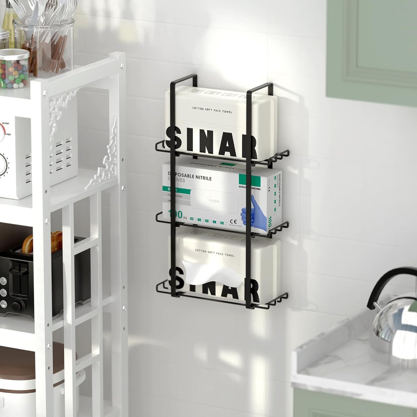 Glove Holder Dispenser for Wall Mount Metal Disposable Latex Glove Box Holder for Home Office, Lab and Garage, Tissue Wire Rack Wall-Mounted for Kitchen Organizer Decor, Blak