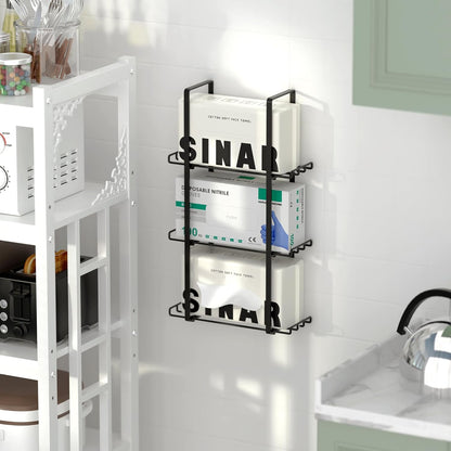 Glove Holder Dispenser for Wall Mount Metal Disposable Latex Glove Box Holder for Home Office, Lab and Garage, Tissue Wire Rack Wall-Mounted for Kitchen Organizer Decor, Blak