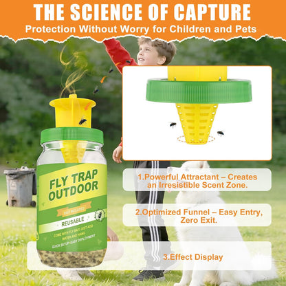 3 Pack Fly Traps Outdoor with 6 Natural Bait Refills | Reusable Hanging Fly Catcher for Patio, Garden, Orchard, Yard, Ranch and Horse Farm