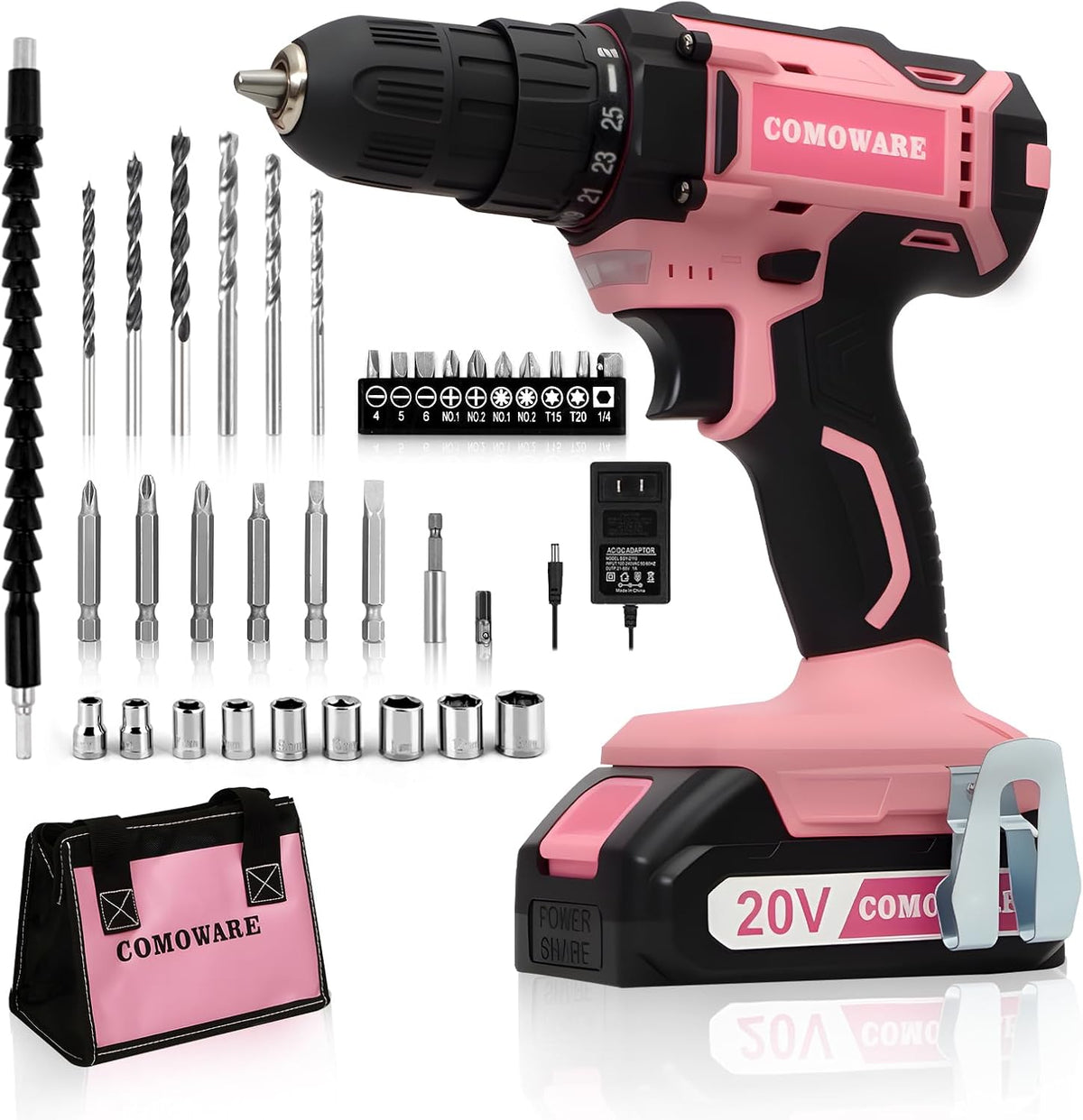 COMOWARE Household Tool Set with 20V Cordless Drill Driver, 120Pcs Hand Tool Kit for Men, Power Drill Set with Plastic Toolbox, Ideal for Office, Garden, DIY Project